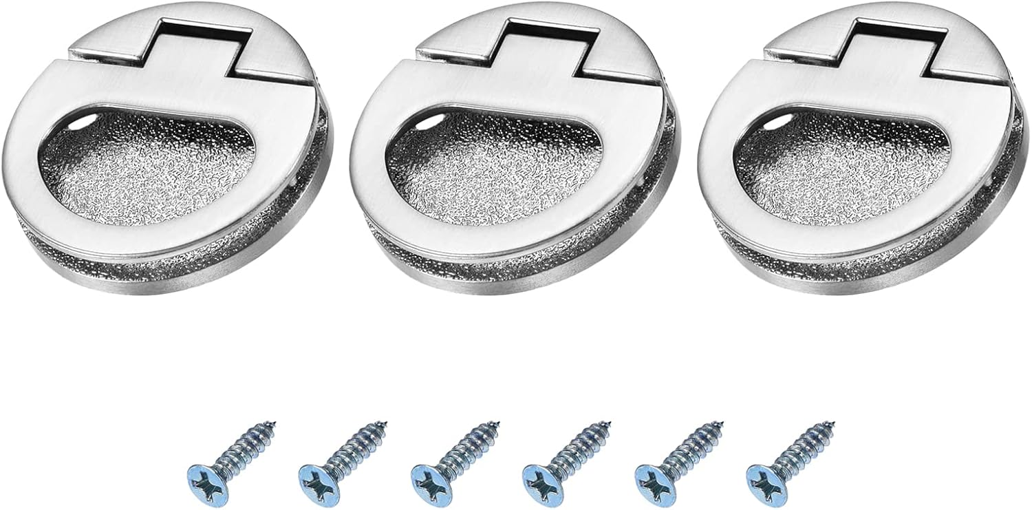 METALLIXITY Flush Ring Pull Handles(43.5mm/1.71") 3Pcs, Zinc Alloy Flush Pull Slam Latch with Screws - for Drawer Sliding Door, Dark Silver