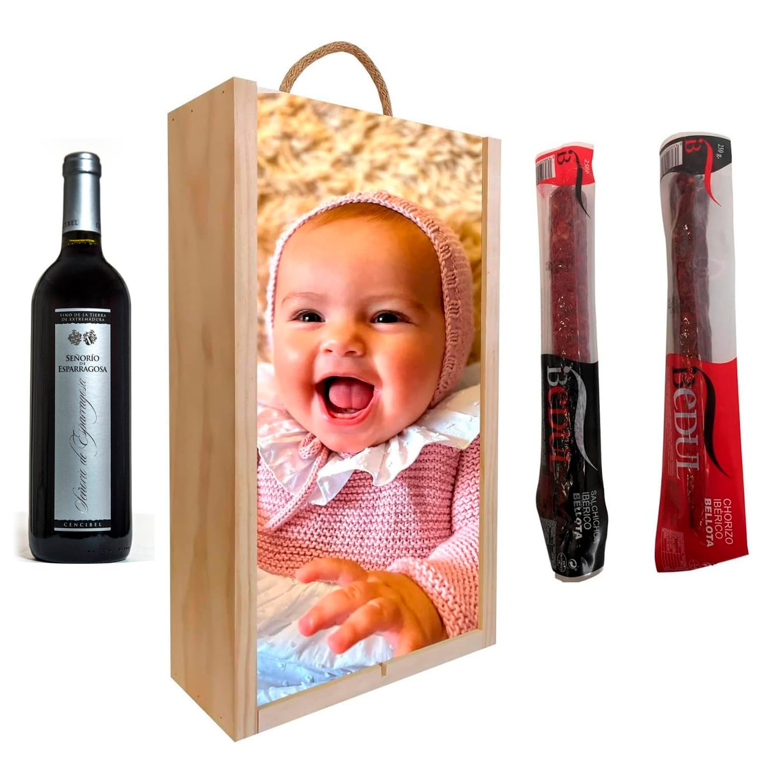 Deliex delicias de Extremadura. Cesta gourmet personalizada para regalar en caja de madera con vino y embutidos ibéricos. Regalos originales cumpleaños