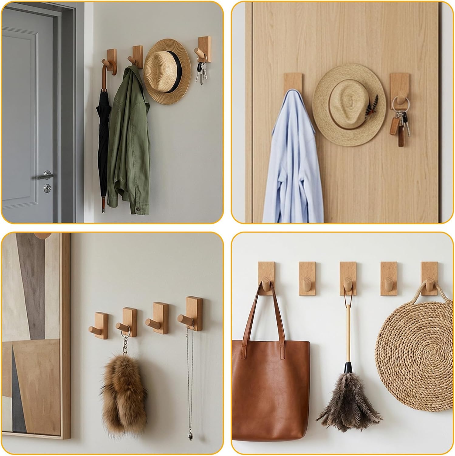 8 Pack Wood Coat Hooks Wall Mounted, Heavy Duty Natural Wooden Hooks for Hanging Robes, Towels, Hats & Bags, Solid Wood Entryway Rack with Screws & Adhesive Pads for Bathroom Bedroom Closet image 4