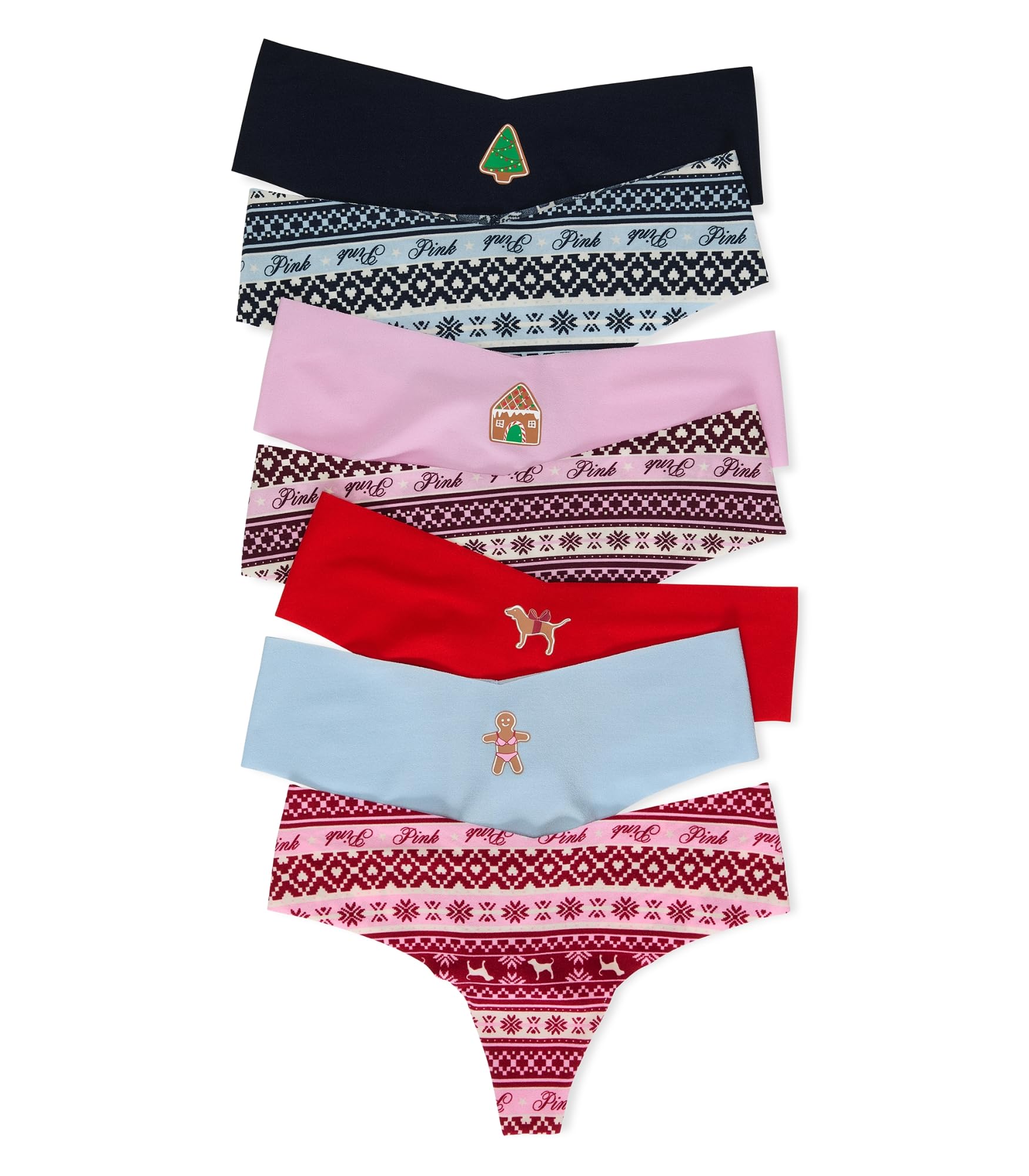 Victoria's Secret PINK Women's No Show Thong Underwear, Panties for Women, Multi Pack (XS-XXL): X-Large Holiday Fair Isle Pack