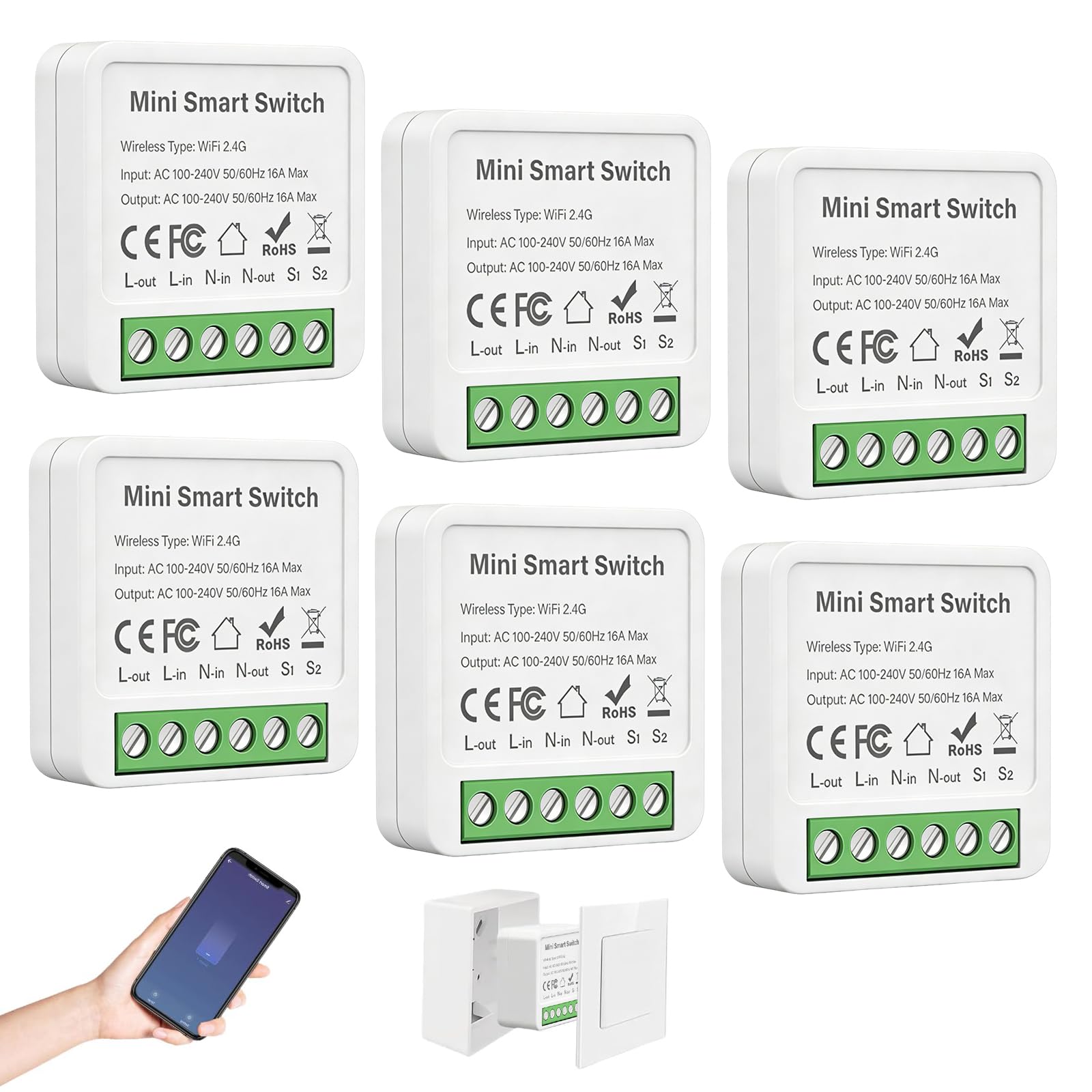 6 interruttori della luce intelligenti modulo a 2 vie, interruttore Wi-Fi Smart Life, mini interruttore Wi-Fi fai da te, compatibile con app Tuya, Alexa e Google Home, si adatta dietro interruttore a