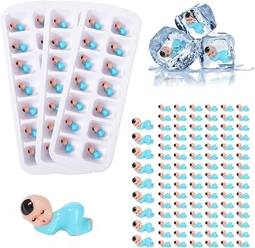 My Water Broke Baby Shower Game for Ice Baby Shower Games Party Decorations | With 100 Mini Plastic Babies and 3 Ice Cube Trays Blue