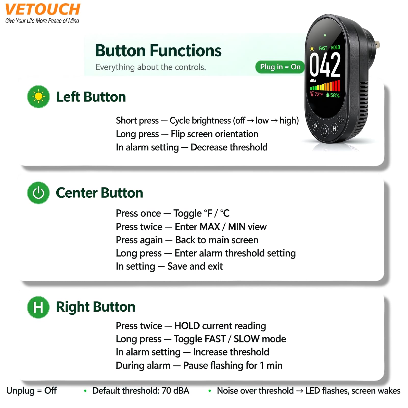 Decibel Meter, Plug-in Sound Level Meter, 3-in-1 Sound Decibel Meter & Noise Decibel Meter, Decibel Meter Sound Level Reader for Wall, Apartment, Classroom, RV & Home, 30-130dBA — Amazon image 5