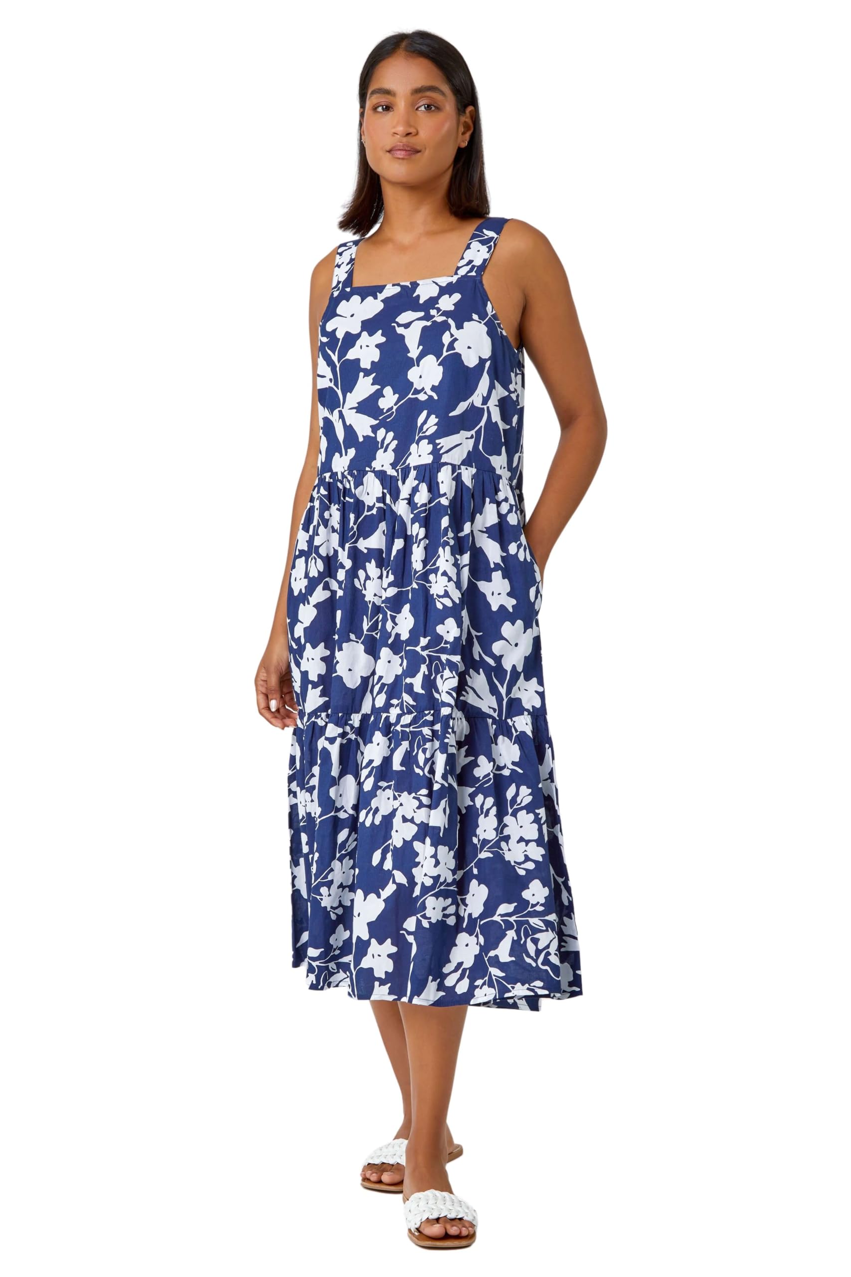 Roman Women's Navy Sleeveless Cotton Floral Midi Dress Size 10