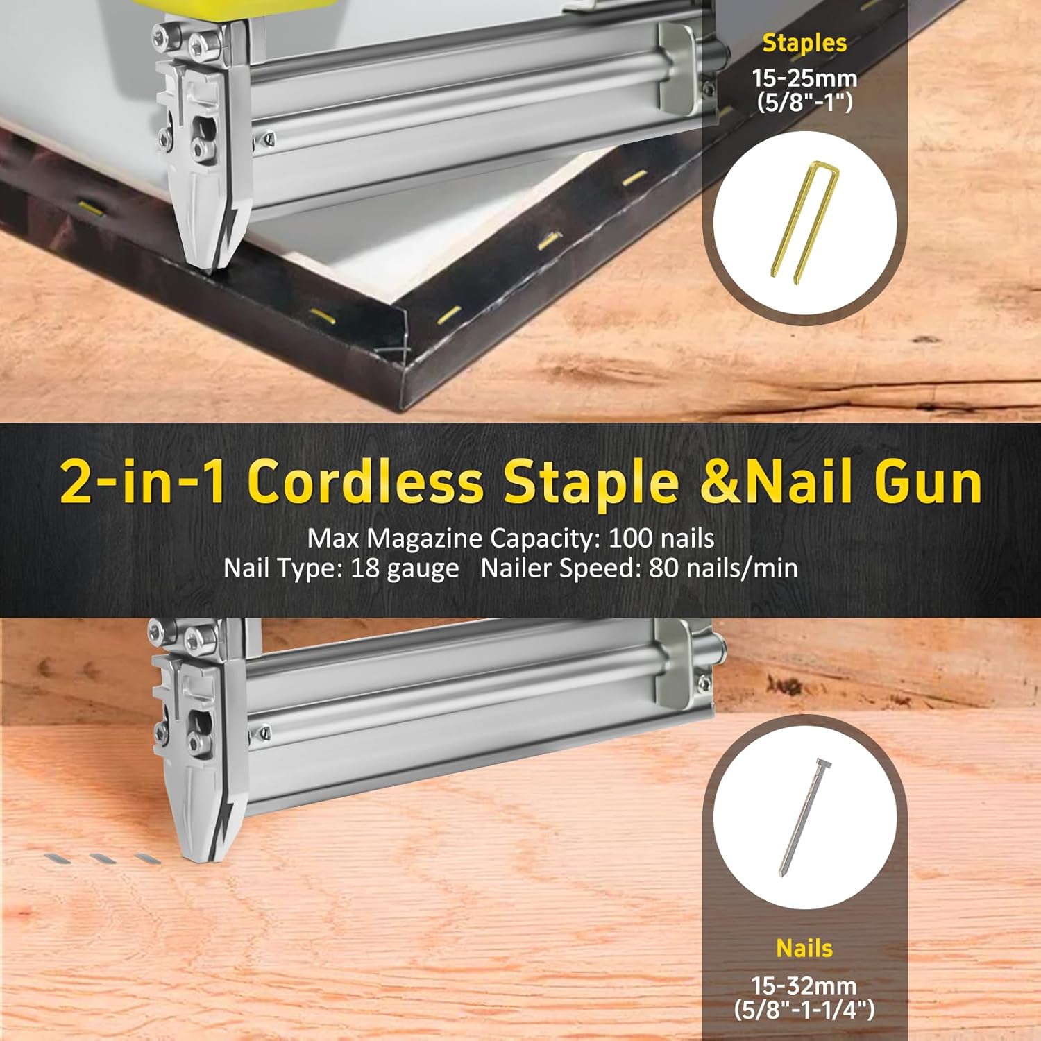 2-in-1 Cordless Staple&Nail Gun for DeWalt 20V Battery, 18 Gauge Nail Gun with 1000 Nials for Home Use, Wood, Upholstery, DIY