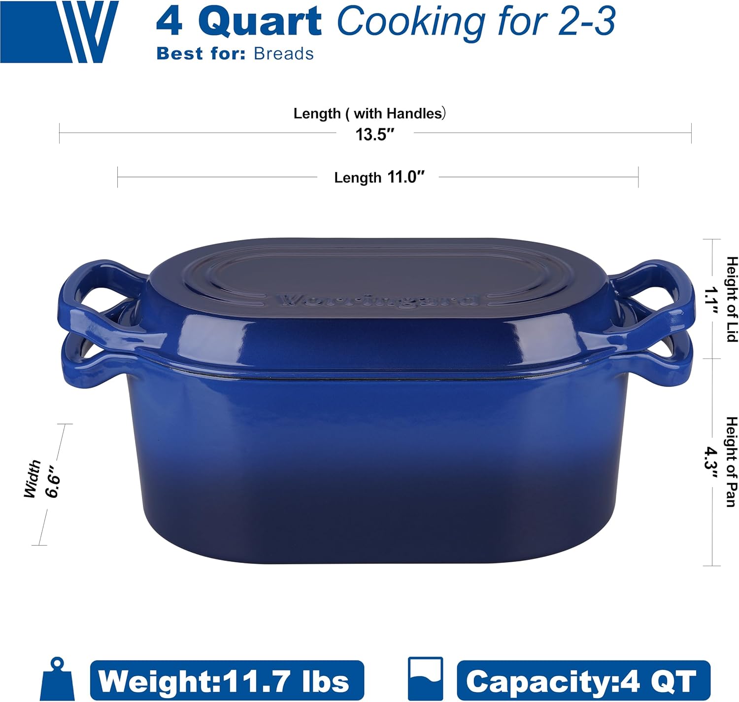 Oval Dutch Oven Pot with Lid, Enamel Coating Cast Iron Bread Pans for Homemade Sourdough Bread Baking, Cooking, 4 Quart, Blue - Image 2