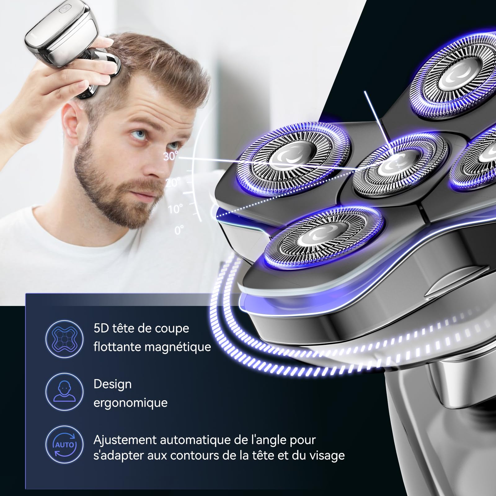Kensen Rasoir Tete Chauve Homme 5D Tondeuse Cheveux Hommes Chauve 120 mins d'autonomie Tondeuse Crane Chauve Étanche Rasoir Crane Sec & Humide avec Coupe-Poils de Vez & Écran LED & Peigne Limite