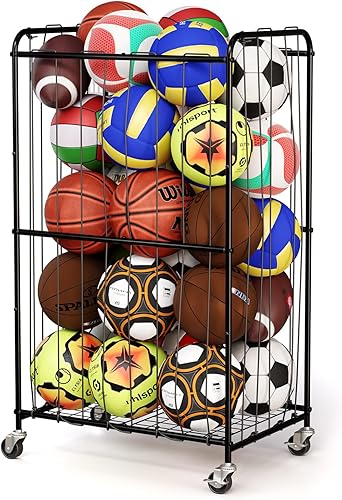 Miniatura 9 de Organizador de bolas rodantes de 300L con ruedas de bloqueo, cesta de almacenamiento grande para baloncesto, fútbol, fútbol, voleibol, carrito de