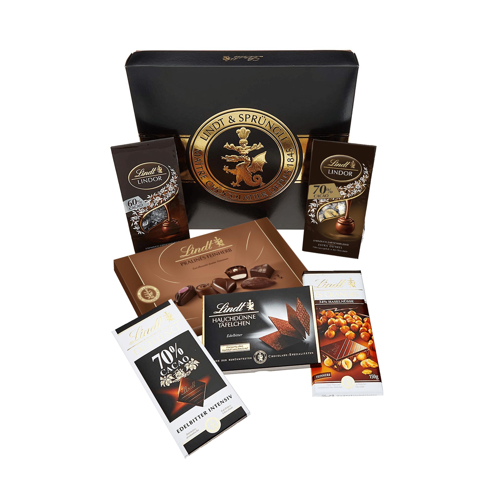 Lindt Schokolade Zartbitter Schokoladen-Set | 847 g | Set mit 6 dunklen Lindt Schokoladen-Spezialitäten (Tafeln, LINDOR, Pralinen) von Feinherb bis Edelbitter | Großpackung | Schokoladengeschenk