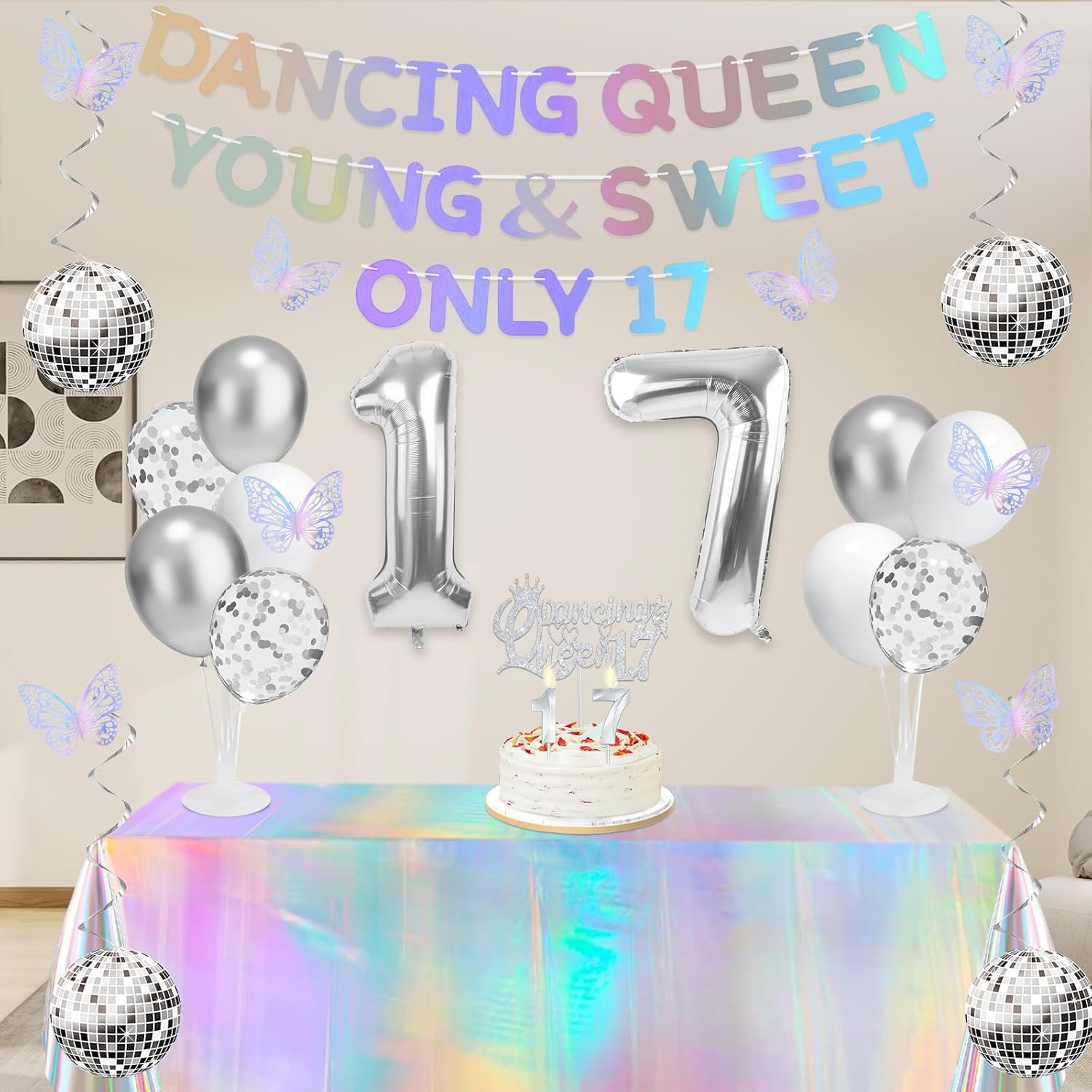 34pcs Dancing Queen Party Decorations 17,Dancing Queen Banner,Silver 17th Birthday Tiara and Sash,Balloons,Disco Hanging Swirls,Butterfly,Candles and Cake Topper,Tablecloth for 17 Birthday - Image 4