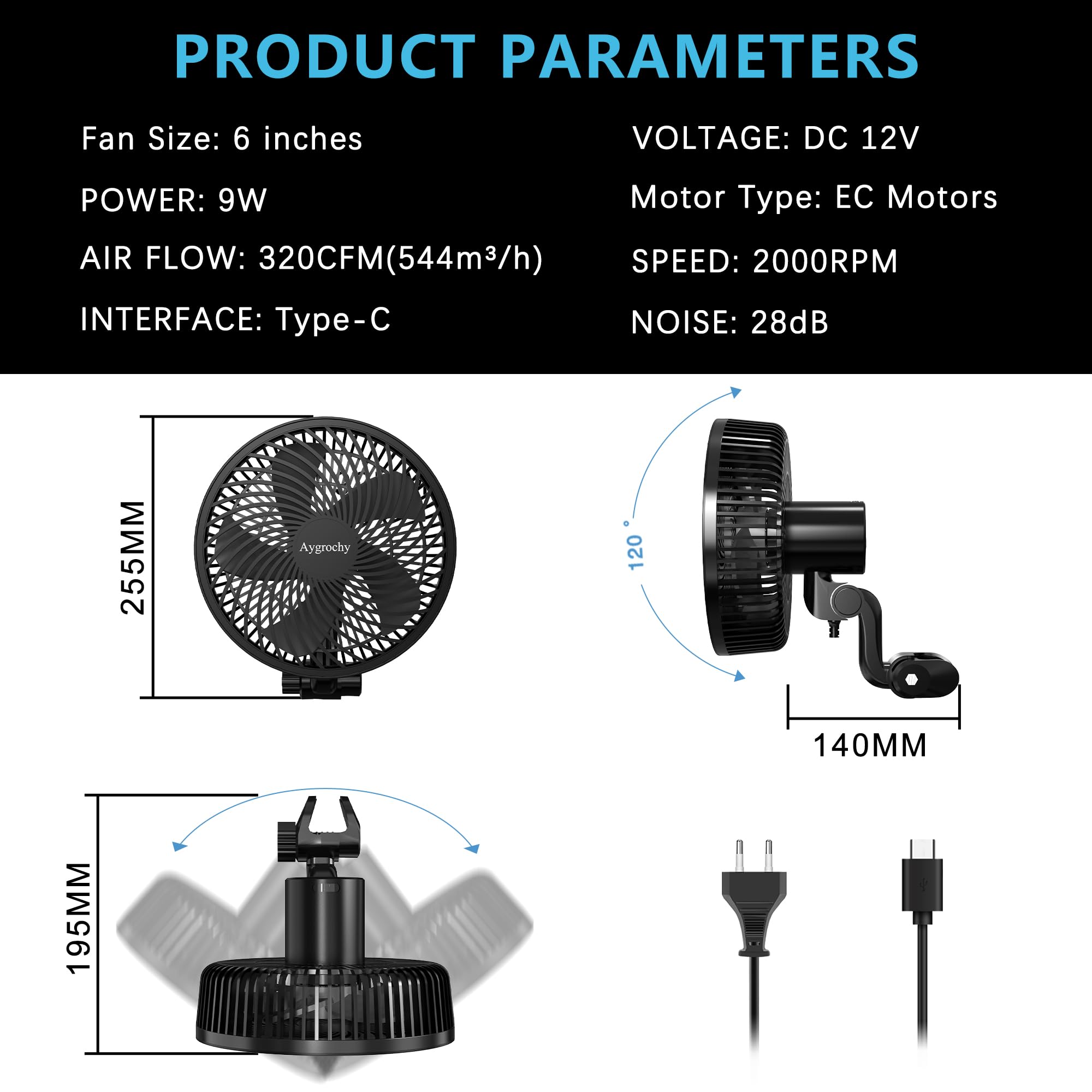Aygrochy Ventilatore per coltivazione da 9 W con clip, motore EC con 10 velocità, grado di protezione IP-44, ventola a clip per tenda, ventola silenziosa per ricircolo e raffreddamento in interni