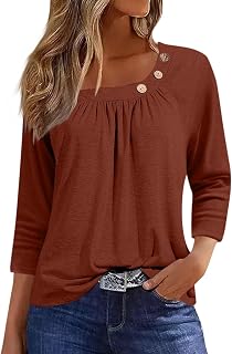 Women Three Quarter Sleeve Tops Pleated Crew Neck T Shirts Button Down Business Casual Blouse Summer Fall Outfits