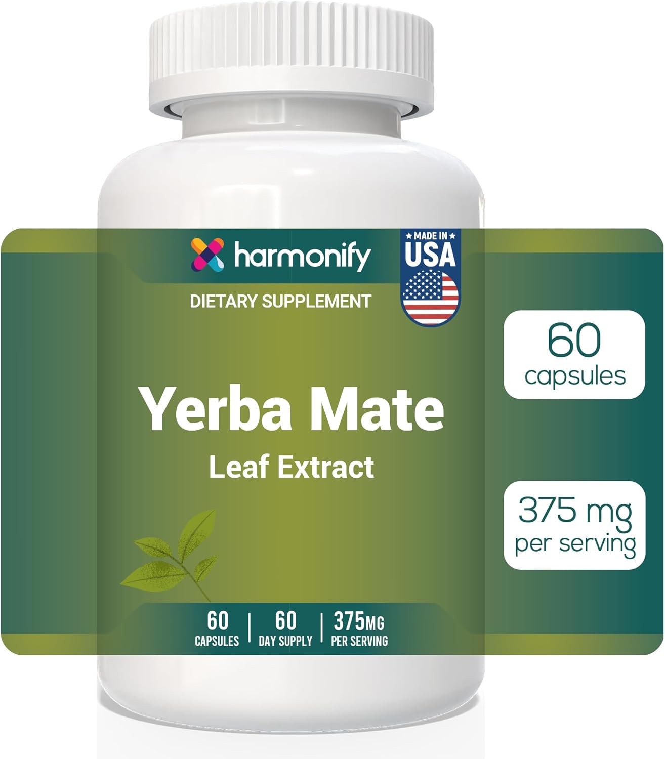Yerba Mate Leaf Extract – 375mg, 60 Capsules – Natural Energy Booster, Mental Clarity&Metabolism Support – Caffeine-Rich Herbal Supplement