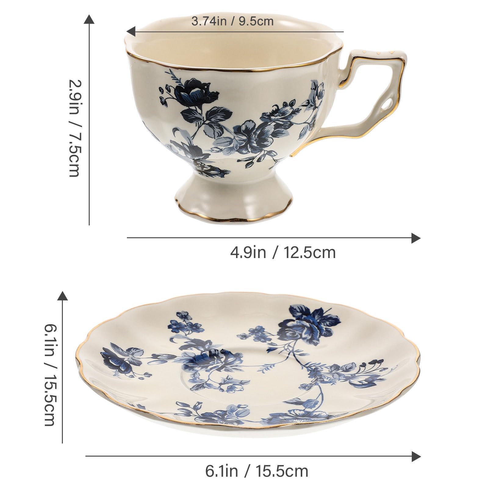 Beavorty Vintage Keramiktasse mit Unterteller Milchtasse und Wasserbecher Blaues Florales Muster 1 Satz für Frühstück und Kaffeepause