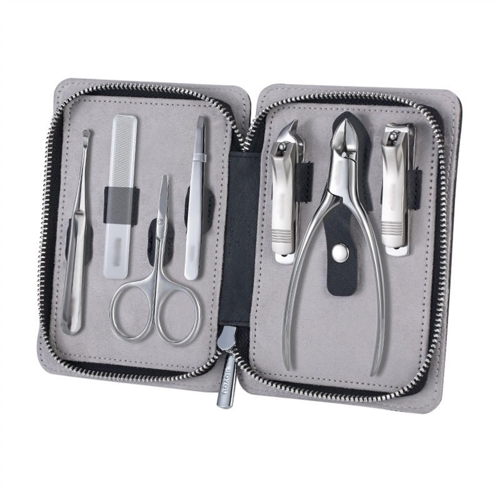 TEESONG Nagelknipser-Set, tragbares Nagelknipser-Set, 7-teilig, für Herren und Damen, Pediküre-Pflegeset, scharfe Finger- und Zehennagelwerkzeuge mit Lederetui (Farbe: Schwarz)