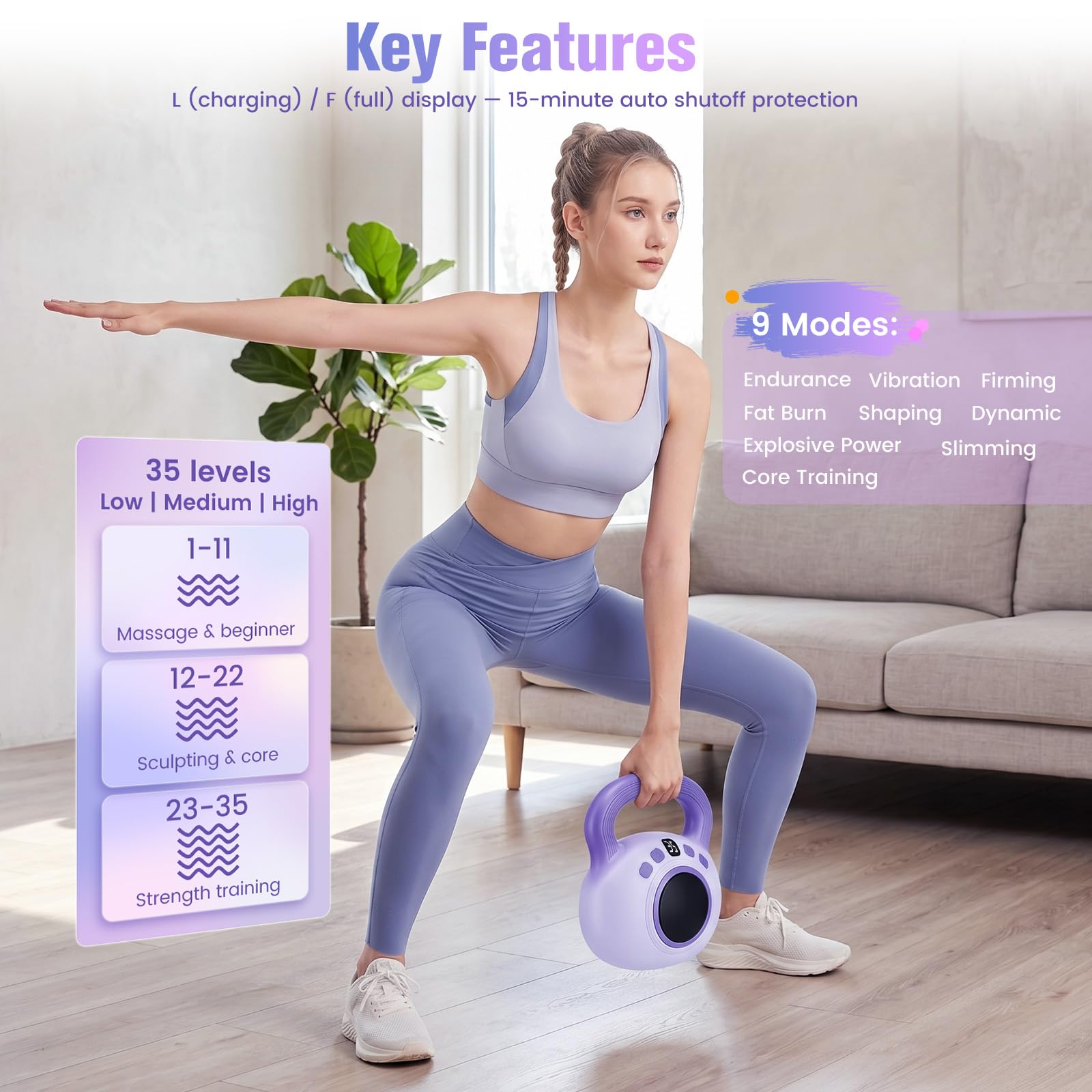 Kettlebell Vibrante Elettrica 9 in 1 da 1,4kg per Donna, 35 Livelli Regolabili con Display LCD, Brucia Grassi, Rimodellamento Corporeo, Drenaggio Linfatico e Miglioramento Circolazione