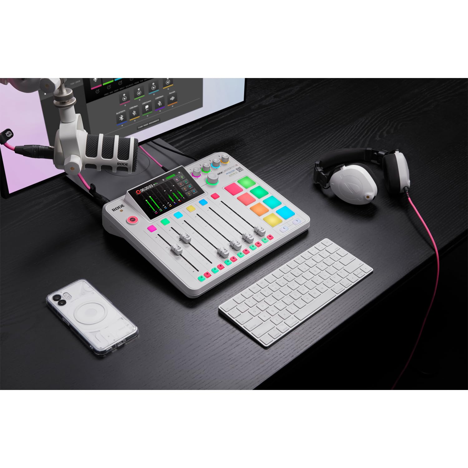 Rode Rodecaster Pro II Audio Production Studio Podcast Station Weiss + Rode Podmic Weiss Mikrofon + keepdrum XLR-Kabel