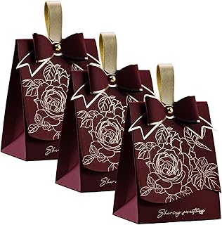 Rodvanvo 30 PCS Elegant Candy Gift Box Rose Pattern Bow Portable Candy Box Holiday Party Gift Box Bonbonniere (Burgundy)