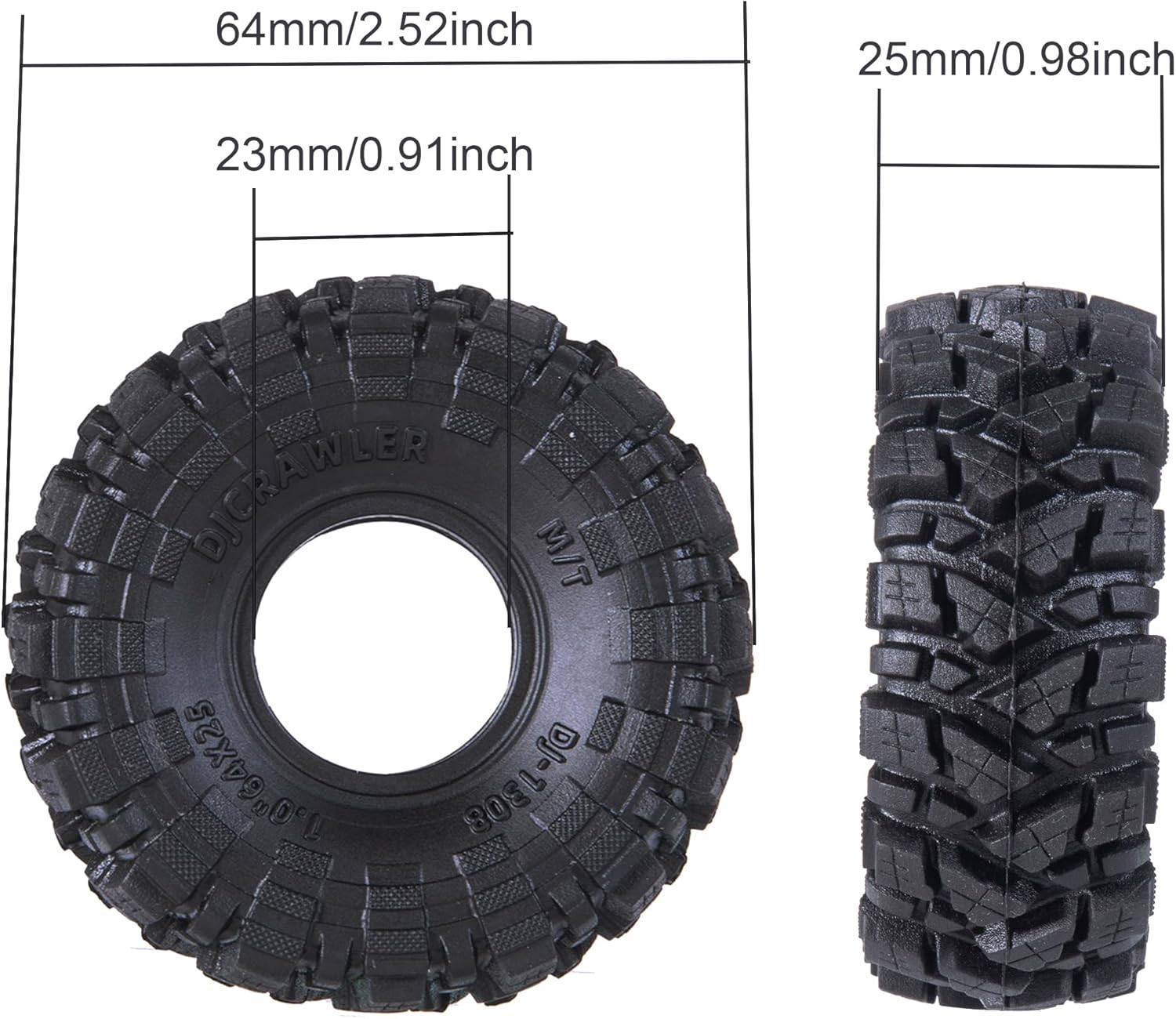 DJCRAWLER 1.0 Soft Sticky Mud Tires 64 * 25mm for TRX4M 1/18 1/24 RC Crawler Axial SCX24 FMS FCX24, Come with Double Layer Sponge
