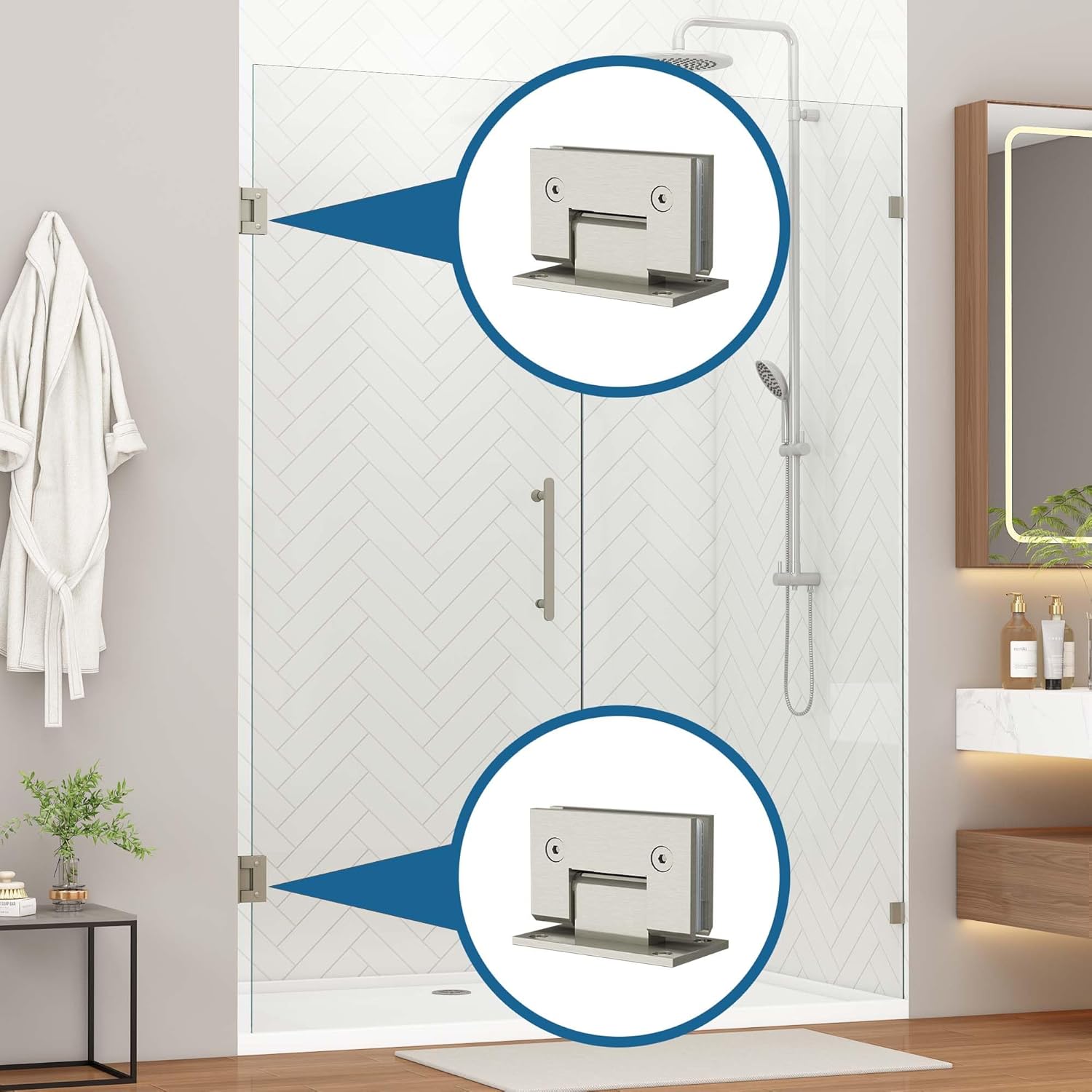 100 mm Brass 90 Degree Glass Shower Door Hinges, Heavy Duty Brushed Nickel Glass Door Hinge for Bathroom, 1 PCS Brass Shower Door Hinges for 3/8" to 1/2" Frameless Shower Door