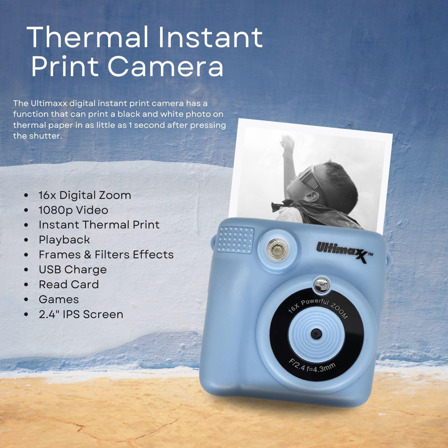 Ultimaxx Essential Instant Print Camera with 4 Games & 16X Zoom for Kids Toddler Girls Gift Bundle - Includes: 32GB SD Card, High-Speed Reader, Lanyard, Microfiber Cloth & More (9pc Bundle) (Blue)