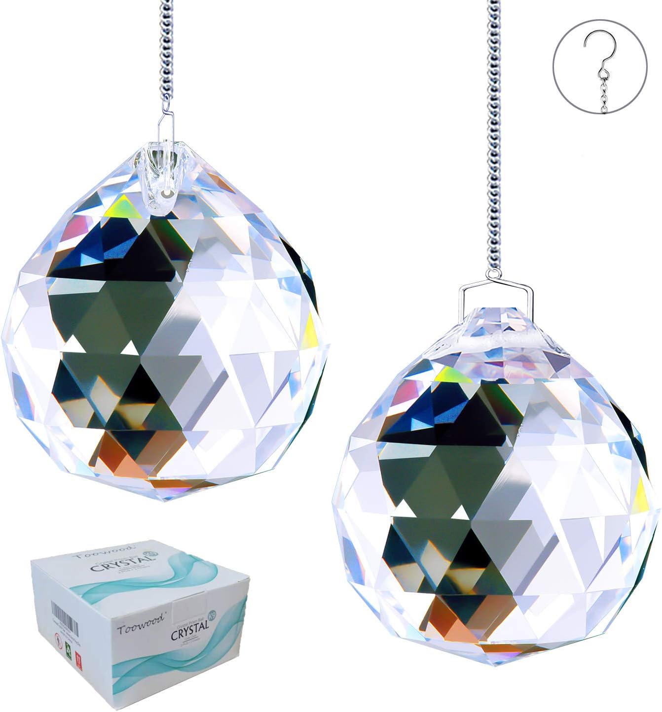 Toowood Top K9 Clear Hanging Crystals Glass Prism Balls Pendant with Hanging Chains for Rainbow Suncatcher (2"/50mm 2 Pack)