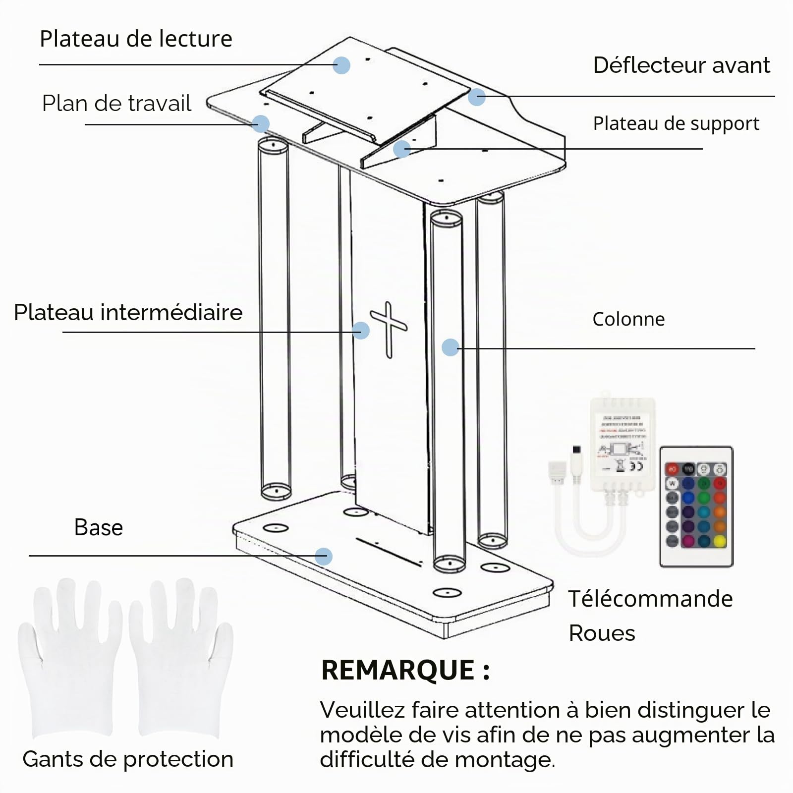 Afitdon Kirchen Kanzel Pupitre en Acrylique Transparent avec Roues et 15 Couleurs de lumière LED réglables, Grand Support Acrylique pour église, Concert, conférence, Mariage, Salle de Classe