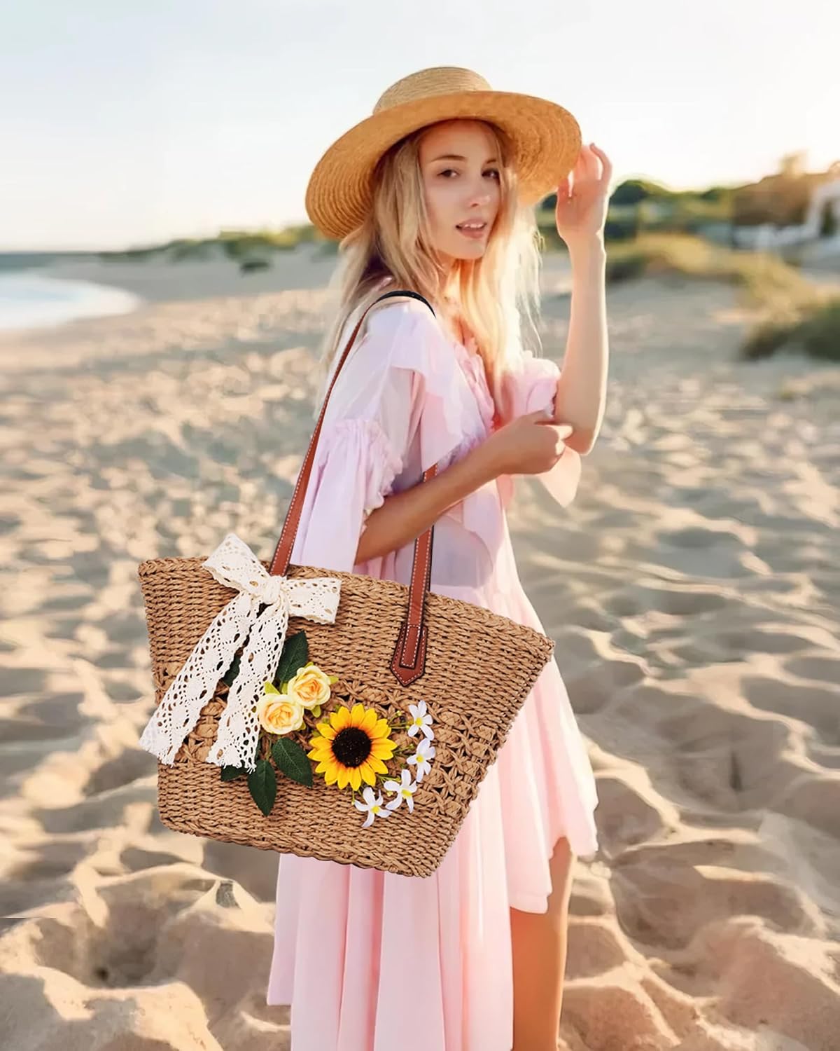 Straw Bag, Straw Tote Bags for Women Summer Shoulder Handbags Woven Beach Bag Rattan Purse Contains Fake Flowers for DIY