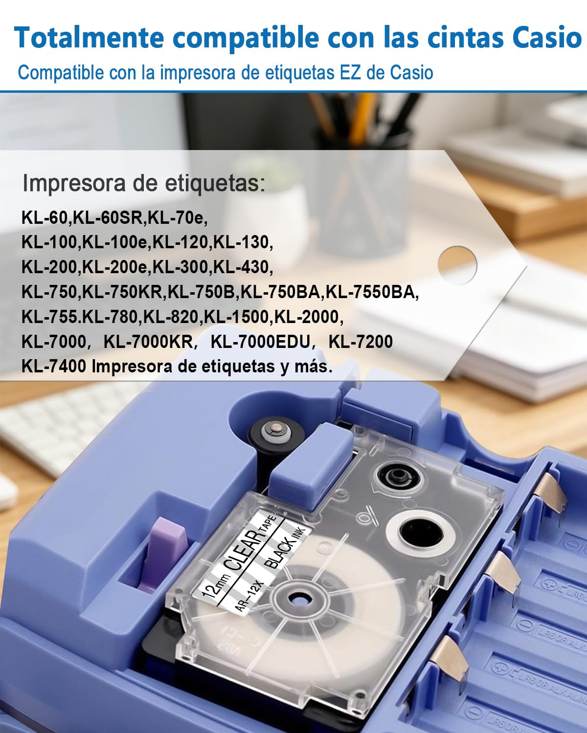 Paquete 100 Cinta Compatible Casio XR-12X Negro sobre Transparente 12 mm