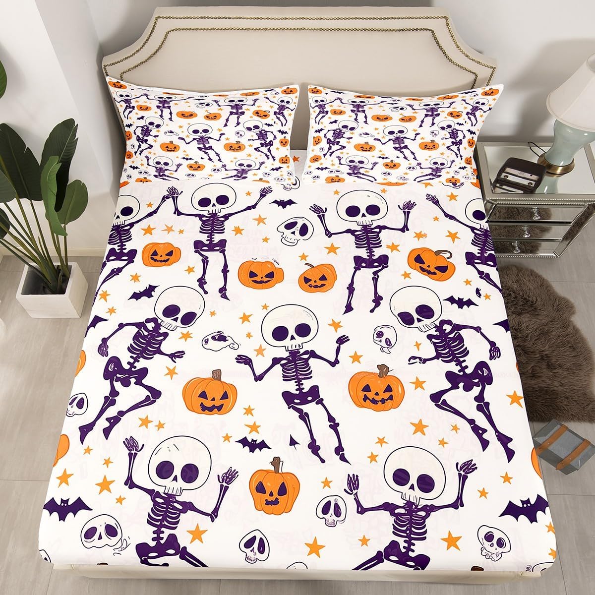 Erosebridal 3 Pieces Halloween Fitted Sheet Full Size, Cute Ghosts of Halloween Bedding Sets, Lightweight Soft Black Bed Sheets, Rustic Flowers Sheets, 1 Fitted Sheet 2 Pillow Cases