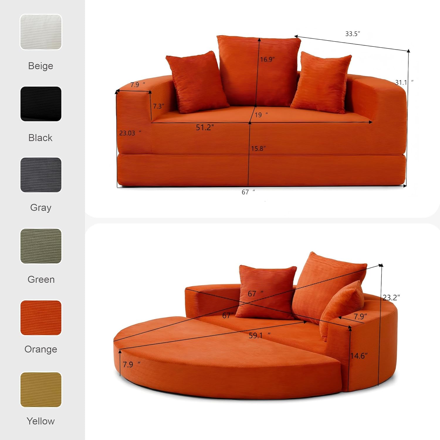 Casaphoria Convertible Sofa Bed,67'' Fold Out Sleeper Sofa with Pillows for Small Space,Multi-Functional Futon Couch for Living Room,Apartment,Guest Room(Orange)