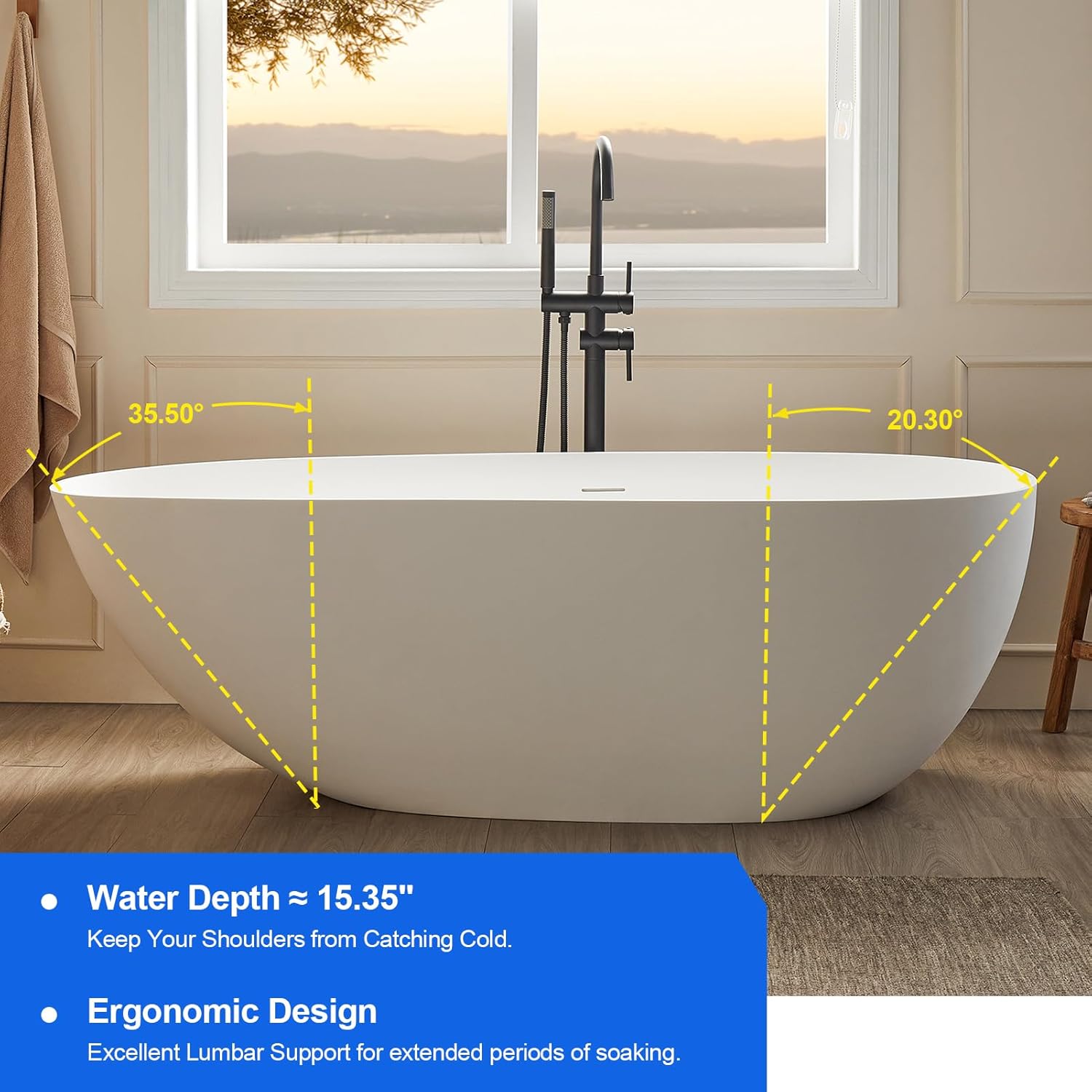 Cpingao 67" Stone Resin Freestanding Bathtub, Egg Shell Solid Surface Soaking Stand Alone Tubs with Pop-up Drain and Overflow, Matte White 8848-1700