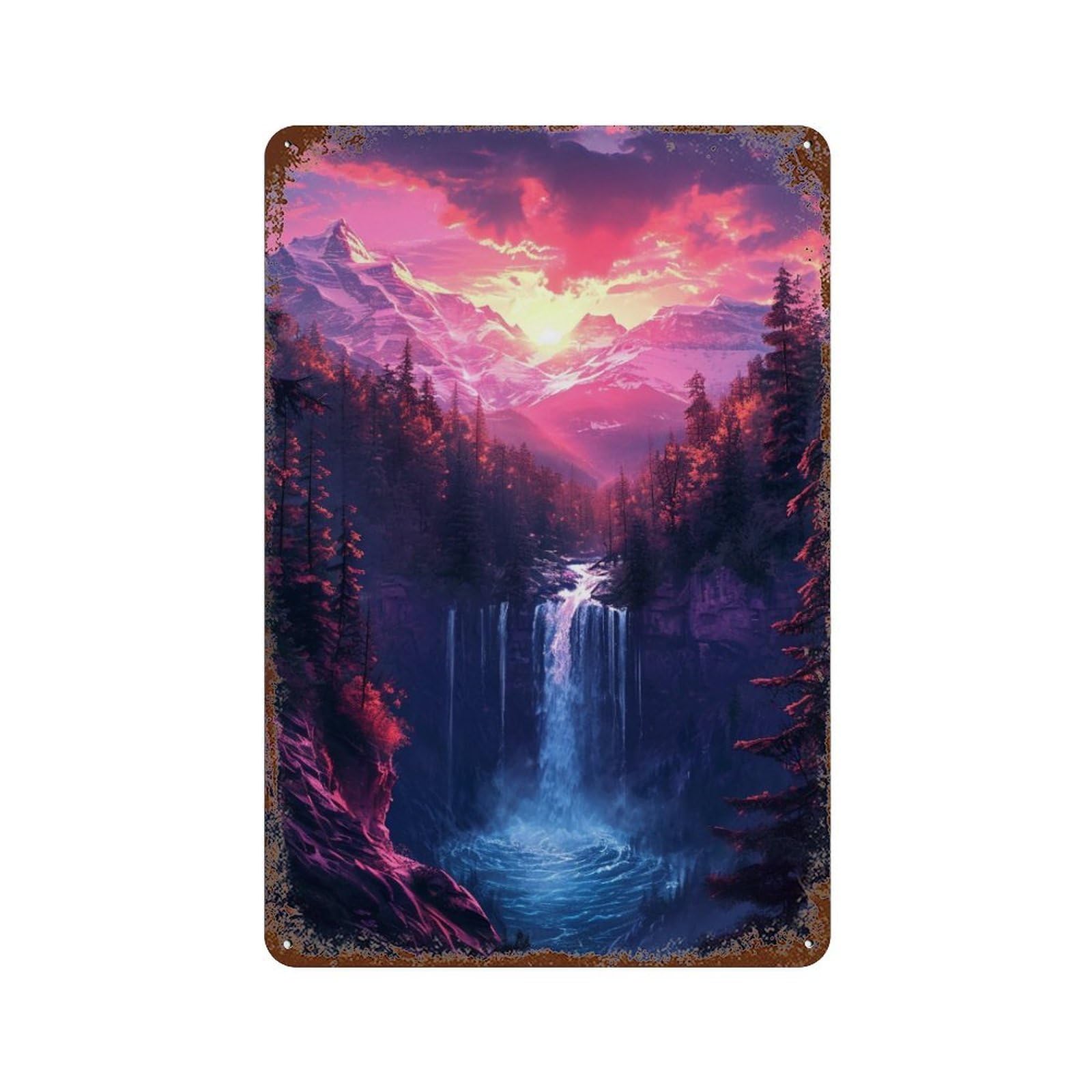 Enchanted Waterfall Sunset Rust Effect Tin Sign 11.8"x7.9", Industrial Home Decor for Basement, Hobby Room And Garage Decor