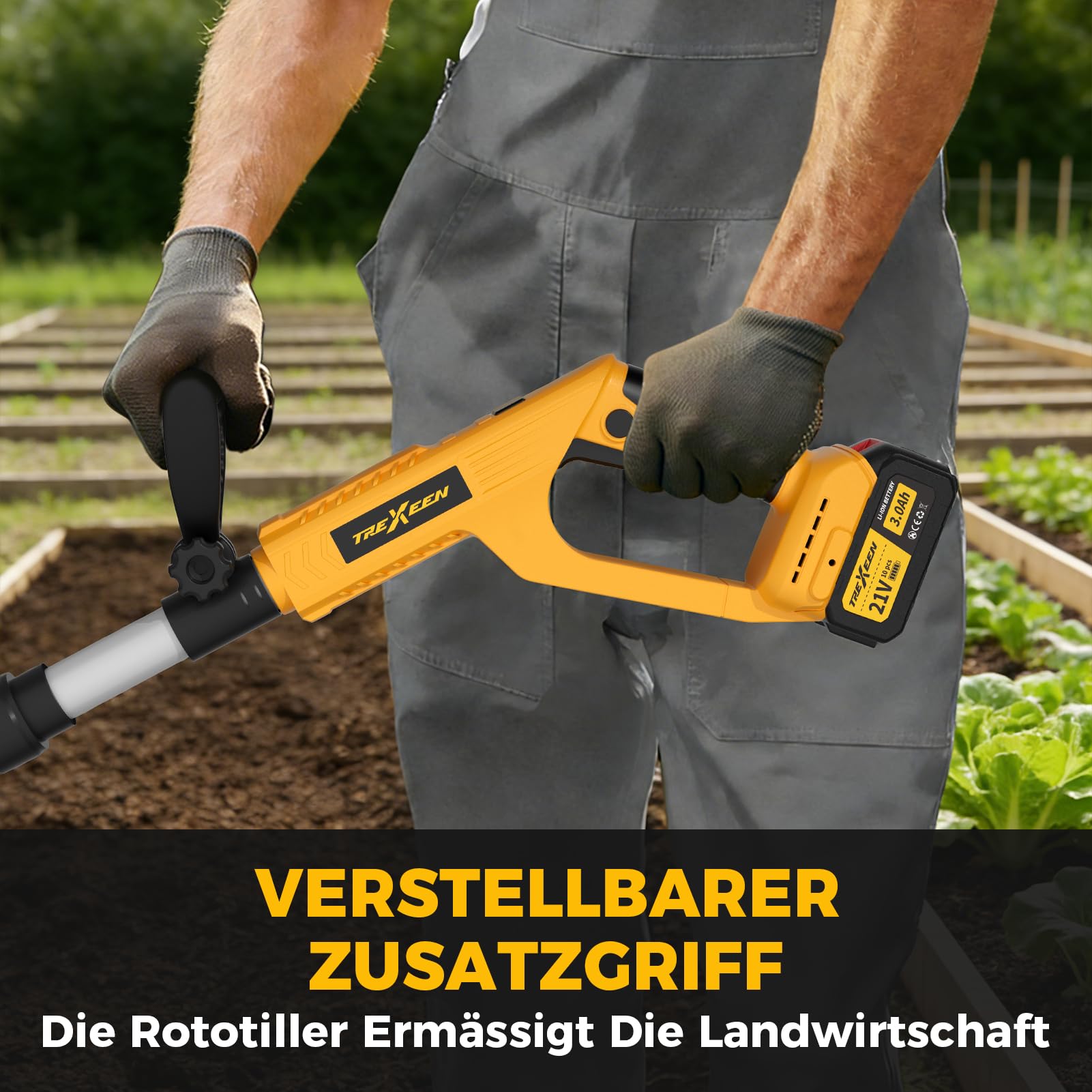 Motocultor eléctrico de 21 V, Equipado con Dos baterías de 3,0 Ah, Ancho de Trabajo de 20 cm, Profundidad de Trabajo de 16 cm, Adecuado para parterres, Campos y labores agrícolas.