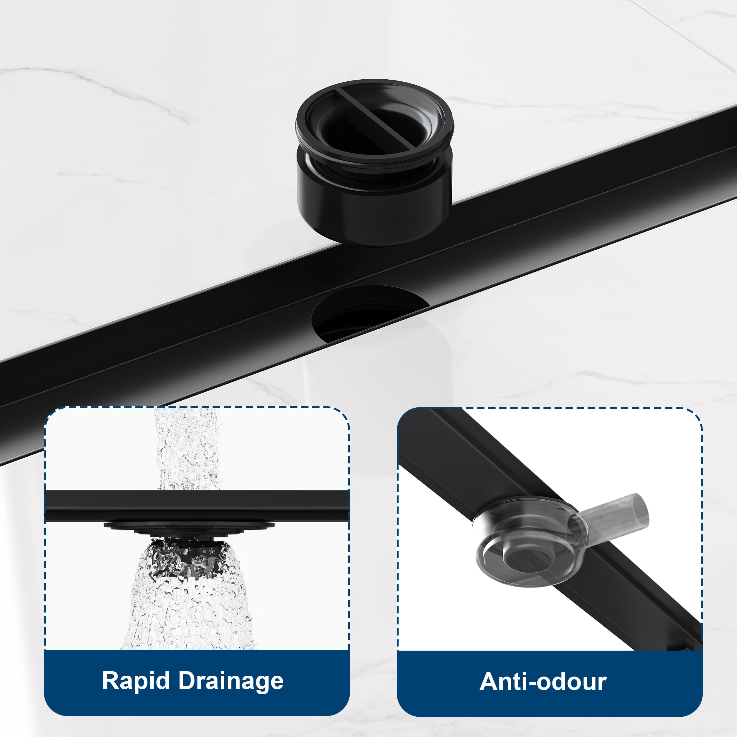 Neodrain Canaleta de ducha de acero inoxidable de 80 cm, desagüe de suelo 2 en 1, plano, color negro, con sifón de 360°, antiolores, filtro para el pelo