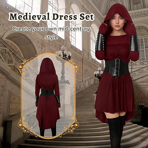 Middeleeuwse kleding voor dames, gothic, renaissance, capuchonjurk voor dames, met korset, armbeschermers, elfenoren, voor carnaval, Halloween, feestjes (groen, XS