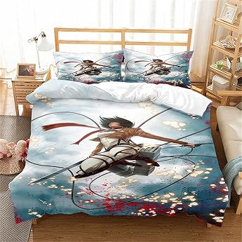 Ste-X Attack on Titan 3-Piece Winter Bed Linen Set Soft Reversible for Single/Double Bed Includes Pillowcase 80 x 80 cm 135 x 200 cm AOT 03