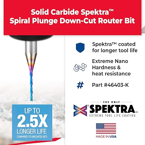 Miniatura 2 de Amana Tool 46403-K SC Spektra Extreme Tool Life - Broca de enrutador de corte descendente de 116 diámetro x 12 CH x 14 SHK de 2 pulgadas de largo