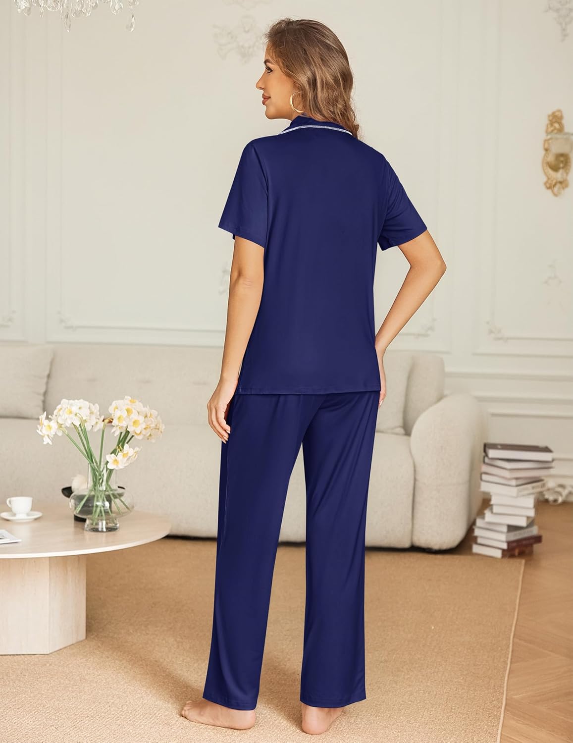 Ekouaer Womens Pajama Sets Button Down Pjs 2 Piece Short Sleeve Sleepwear with Pants Soft Loungewear - Image 3