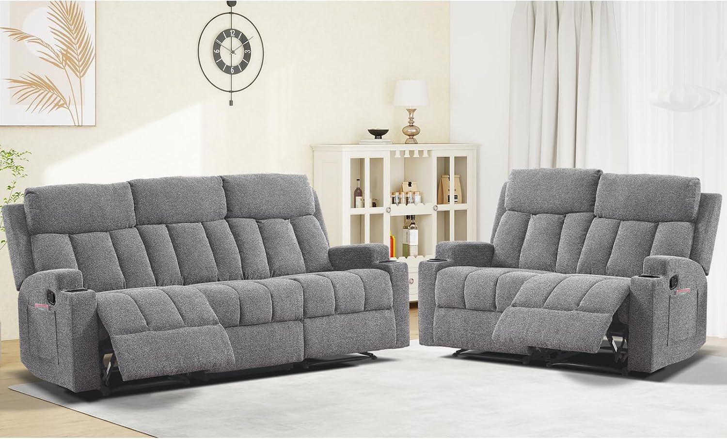 EBELLO 2 Pieces Recliner Sofa Set, Manual Sofa Set for Living Room Furniture Set, Include 1 Recliner Sofa and 1 Loveseat, with Side Pocket and Cup Holders for Living Room, Light Grey