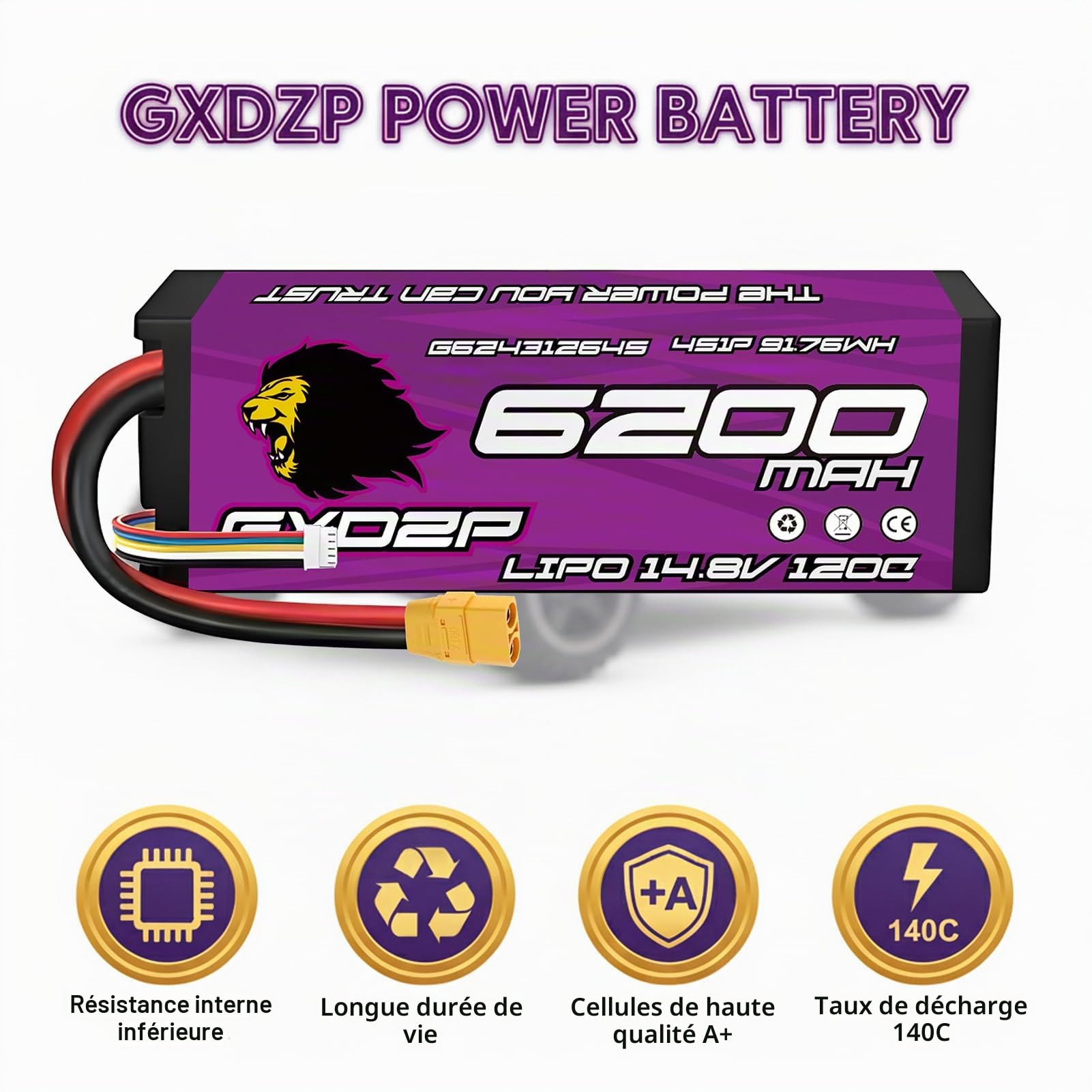 Lot 2 Batteries LiPo 4S 6200mAh 14,8V 120C XT90 Pack Double Haute Performance Longue Autonomie Boîtier Rigide pour Voiture Course Buggy Truggy Camion RC 1/10 1/8 Échelle Télécommandé