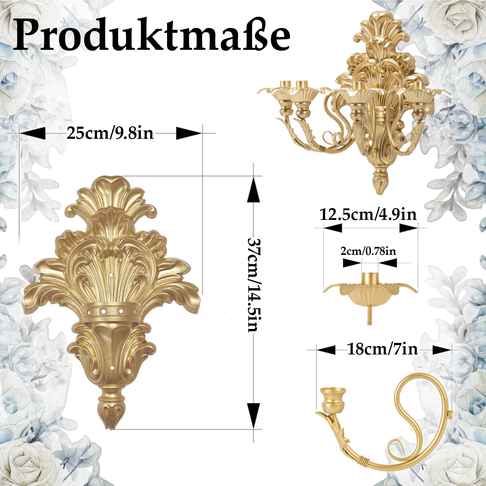 Römischer Brunnen-Wandleuchter, 4-Armiger Barock-Kronleuchter in Gold (antik), Wandmontierter Kerzenhalter für Kerzen, Viktorianisches Rokoko-Dekor für Kamin & Wohnzimmer (1 Stück)