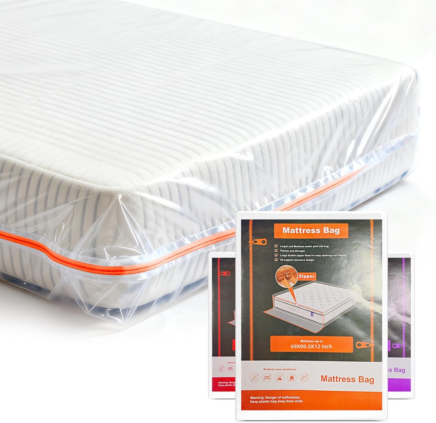 Gooo&Ma 6Mil Thicken Mattress Bag for Moving, Waterproof Zippered Mattress Cover for Storage, Reusable Plastic Encasement, Tear Proof Dust Proof Protection (Orange, Twin)