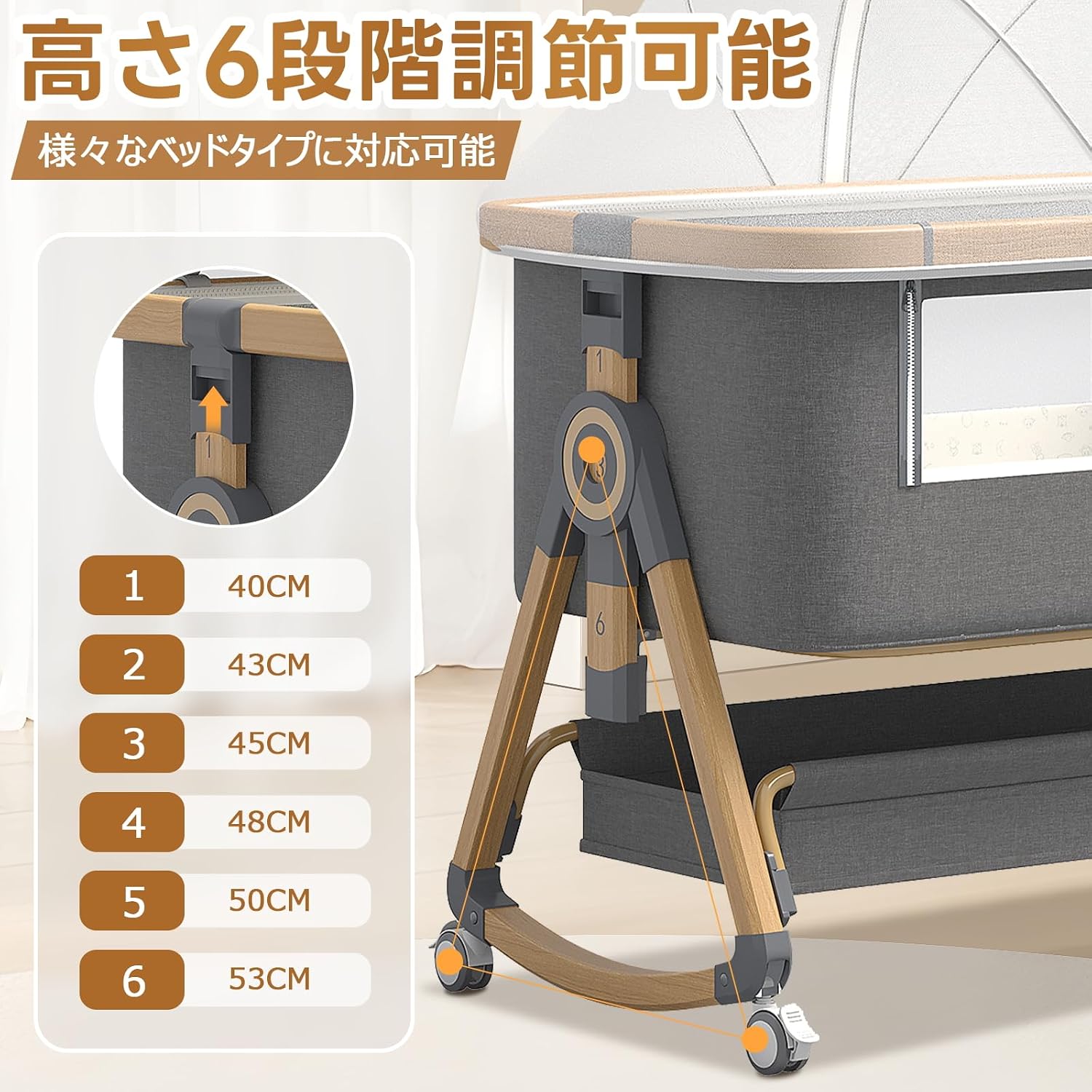 ベビーベッド 5in1 添い寝 折りたたみ 高さ調節可能 蚊帳 キャスタ付き