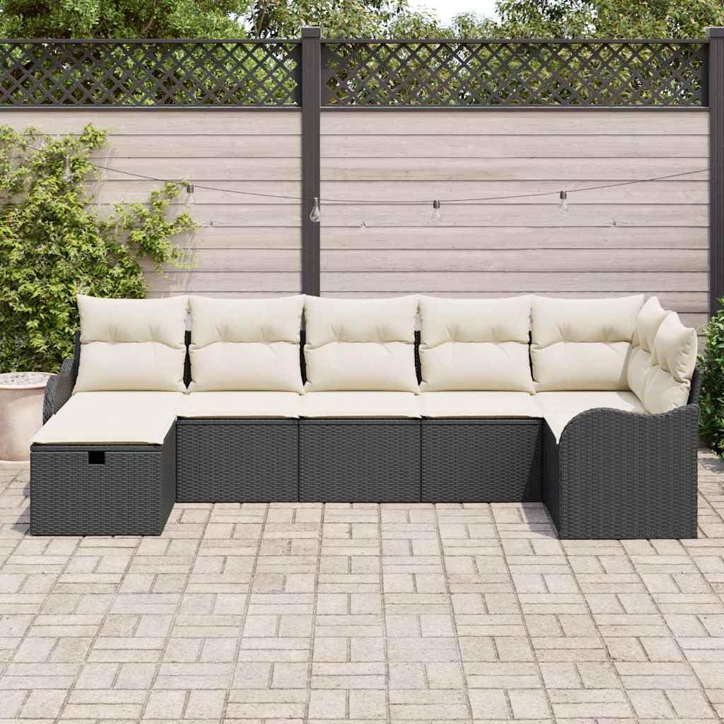 Sofa z polirattanu, zestaw z poduszkami, czarny i kremowy, modułowy, odporny na promieniowanie UV, 7-częściowy, do ogrodu, na taras, trwały zestaw mebli outdoorowych