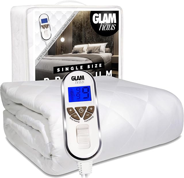 GlamHaus Single Size Electric Blanket - Fitted Mattress Bed Cover - White Premium Diamond-Quilted - Heat Settings for Feet and Body, Timer & Machine Washable