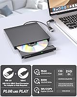 Vista 2 de ROOFULL Unidad externa de CD y DVD para portátil, lector y grabador de discos CD DVD USB 3.0 tipo C, reproductor portátil USB-C de CD y DVD para PC