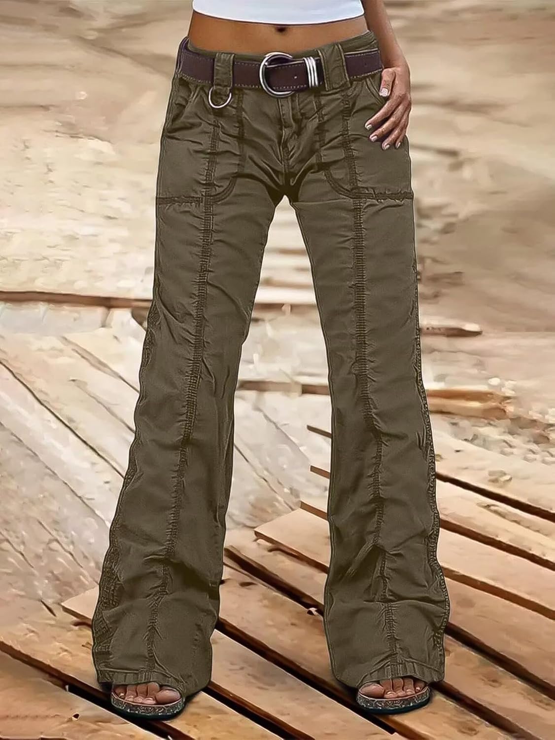 Flamingals Straight Leg Pants for Women Mid Rise Casual Cargo Solid Patch Pockets Stitch Detail Pants - Image 3