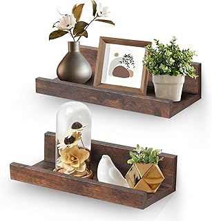 Muzilife 12" Small Floating Wall Ledge Shelves with Lip - Set of 2 Wood Floating Shelves - Rustic Brown Wall Mounted Picture Ledge for Office, Bathroom, Bedroom, Living Room, Kitchen