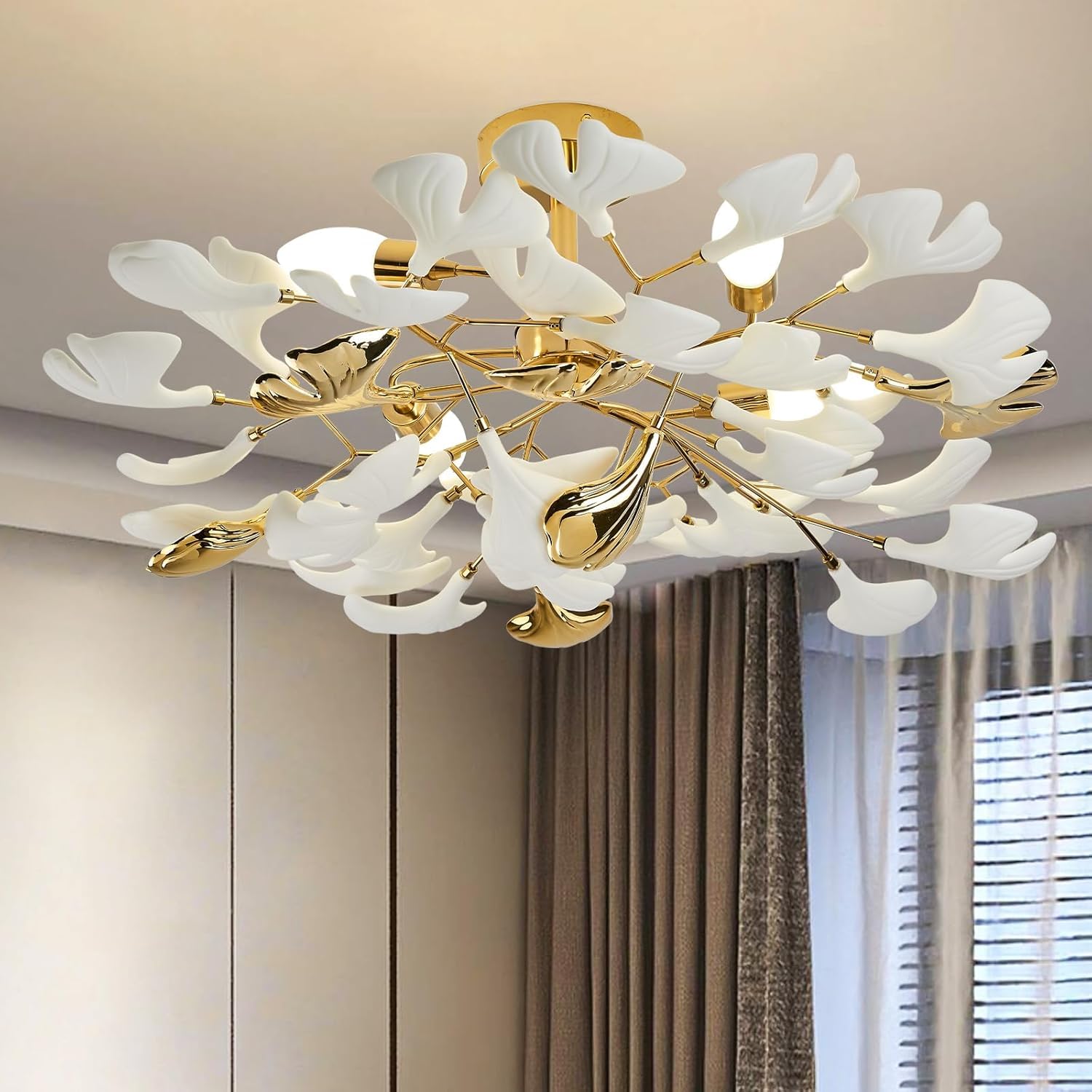 KXEcoLife Ginkgo Leaf Chandelier, Ceramic Chandeliers Brass Semi Flush Mount Chandelier Light Fixture for Kitchen Living Room Dining Room, 24" Ceiling